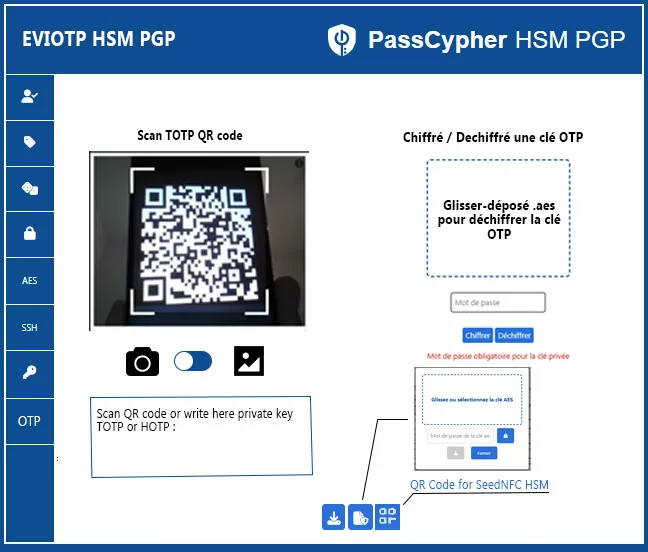 Interface of EviOTP HSM PGP for managing TOTP and HOTP keys with PassCypher HSM PGP