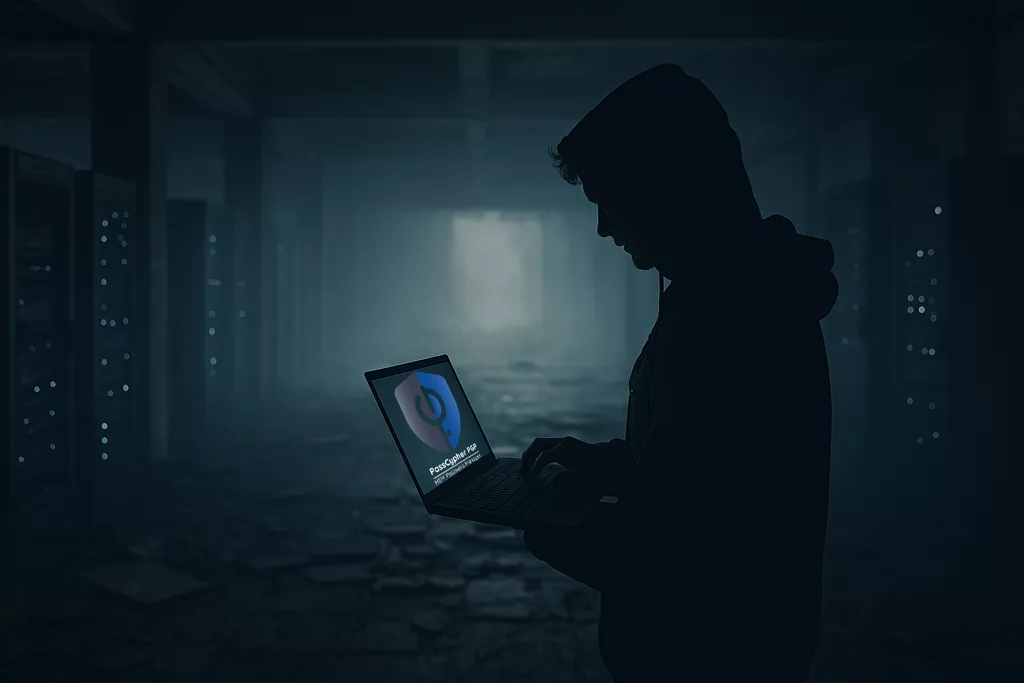 Silhouette in data vault symbolizing offline OTP key sovereignty with EviOTP HSM PGP