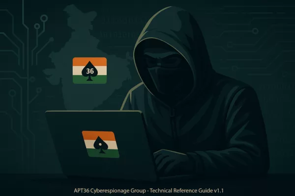 APT36 Cyberespionage Group illustration showing a hooded digital spy operating a computer in a dark cyber-military environment with subtle national flag and network elements in the background