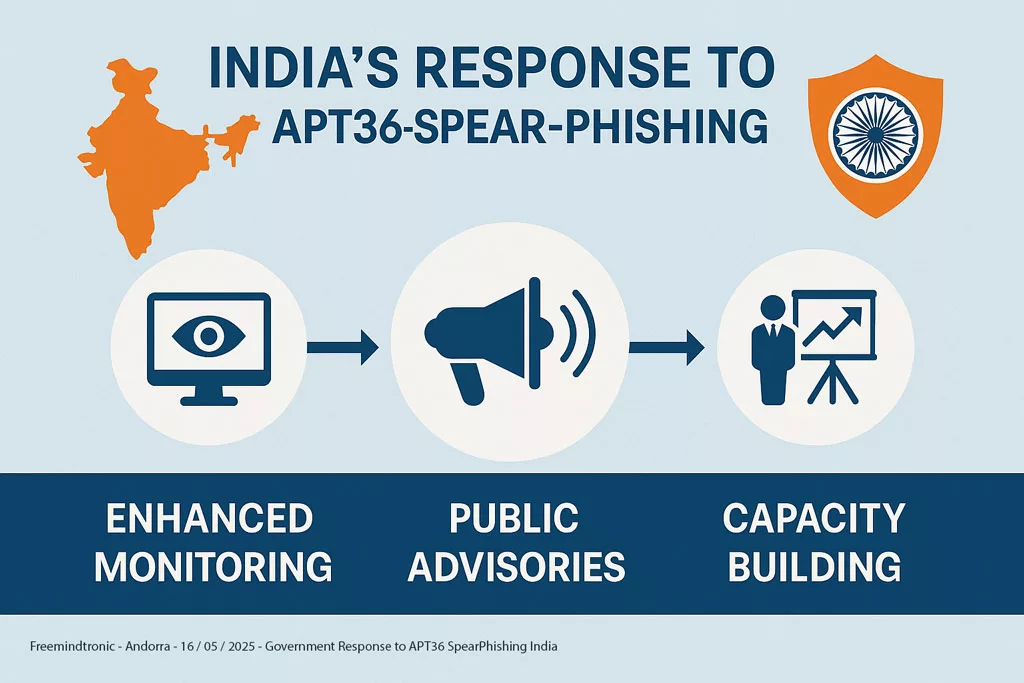 Infographic showing Indian government responses to APT36 SpearPhishing India, including enhanced monitoring, public advisories, and capacity building.