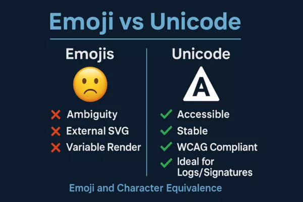 Infographic showing Emoji and Character Equivalence with a visual comparison of the limitations of emojis versus the cybersecurity benefits of Unicode characters.