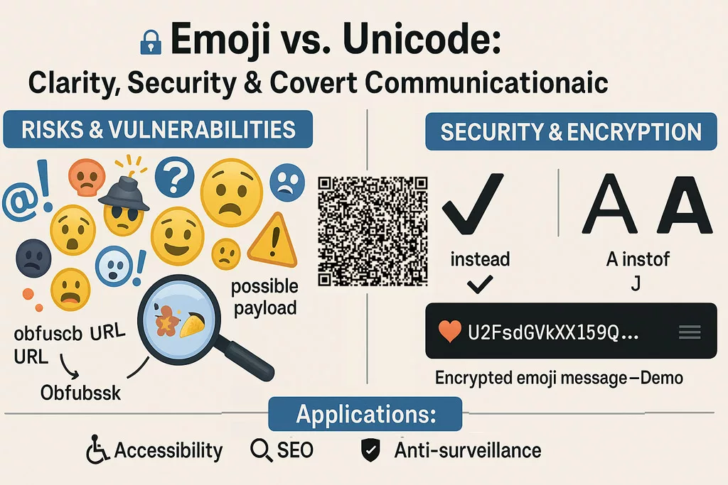 Infographic comparing emoji risks and Unicode encryption clarity with keyphrase Emoji and Character Equivalence