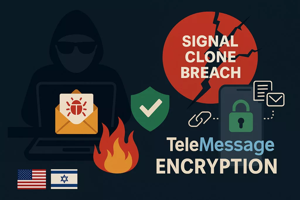 Illustration of Signal clone breached scenario involving TeleMessage with USA and Israel flags