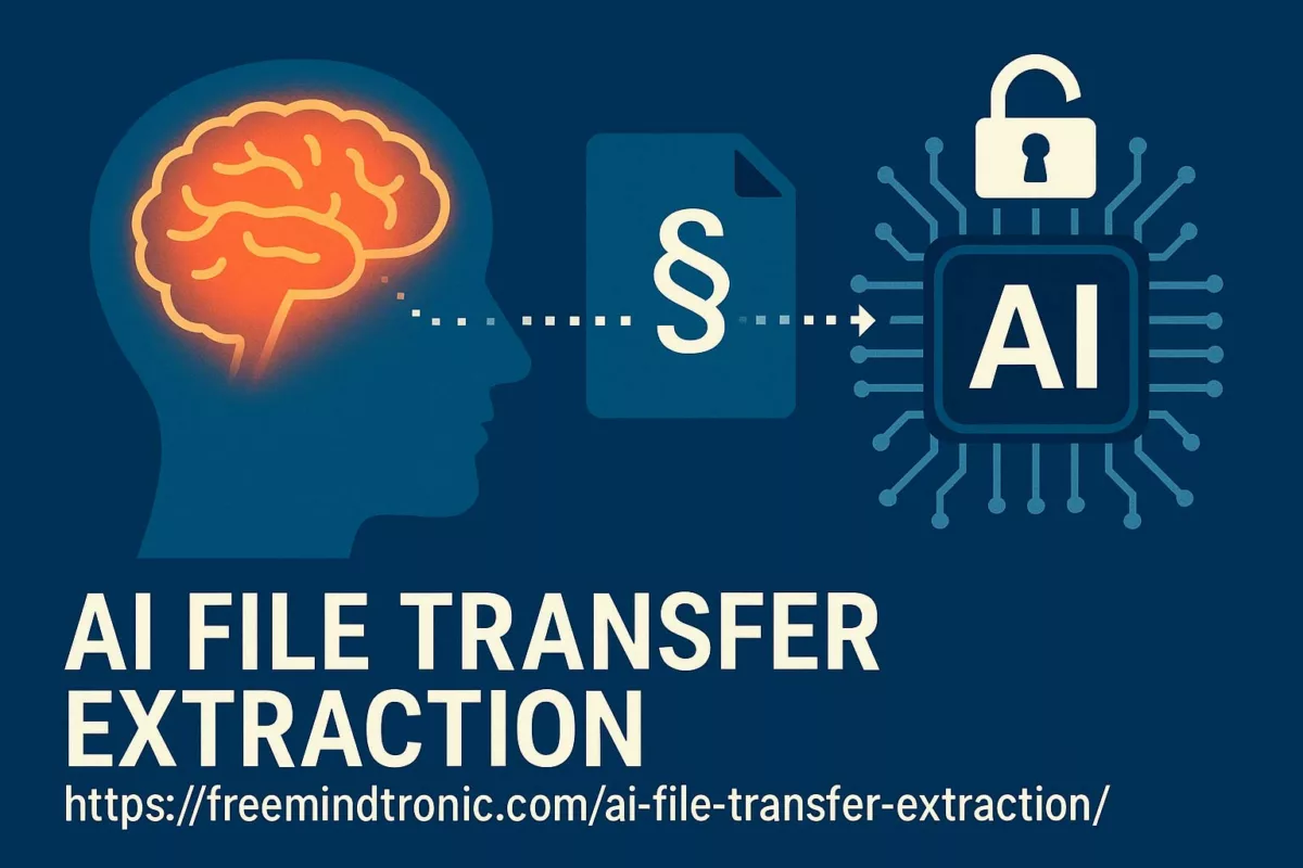 Digital illustration of AI file transfer extraction showing human brain cognition being siphoned through terms of service into an AI model.