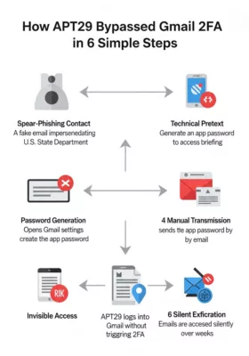 Infographic showing how APT29 bypasses Gmail two-factor authentication by exploiting app passwords.