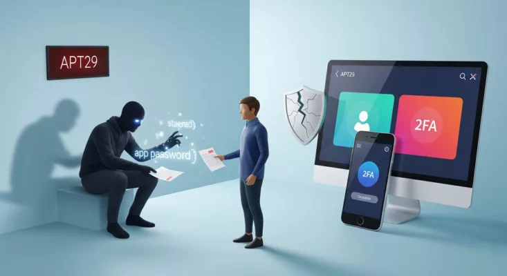 Realistic image of APT29 deceiving a person to bypass 2FA using app passwords