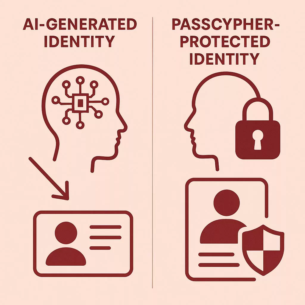 Schematic comparing an AI-generated identity vulnerable to darknet credential breaches versus a PassCypher-protected hardware-secured identity