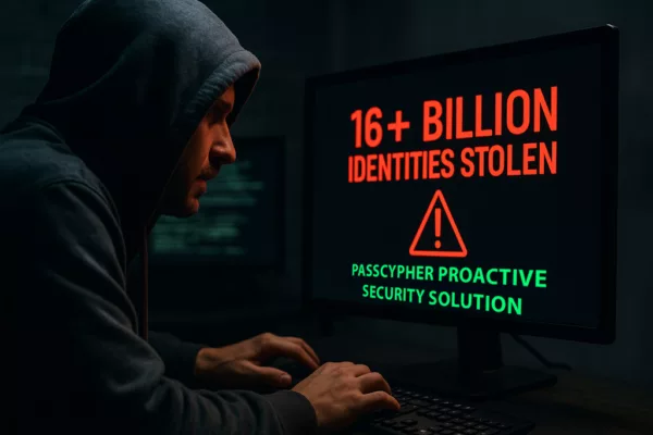 Realistic photo of a hacker in a dark room in front of a computer, illustrating the darknet credentials breach and the protection by PassCypher