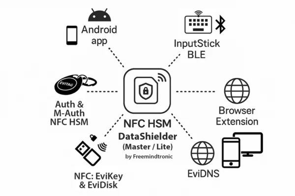 Diagram showing DataShielder NFC HSM ecosystem interoperability across Android, BLE, and browser extensions