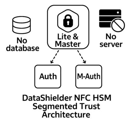DataShielder NFC HSM segmented trust architecture with Lite and Master generating Auth and M-Auth without server or database