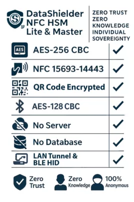 Technical infographic highlighting features of DataShielder NFC HSM Lite and Master including AES-256 CBC, NFC, QR, AES-128 CBC via BLE HID, and sovereign offline cryptographic capabilities