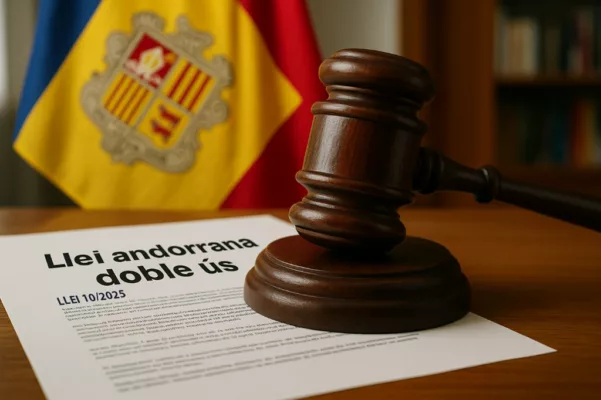 Imatge simbòlica de la Llei andorrana doble ús amb martell judicial i bandera d'Andorra