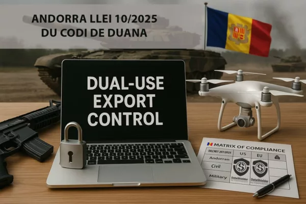 Illustration de la Loi andorrane double usage intégrant le contrôle export, la cryptologie et un contexte militaire en fond, avec drapeau d’Andorre.