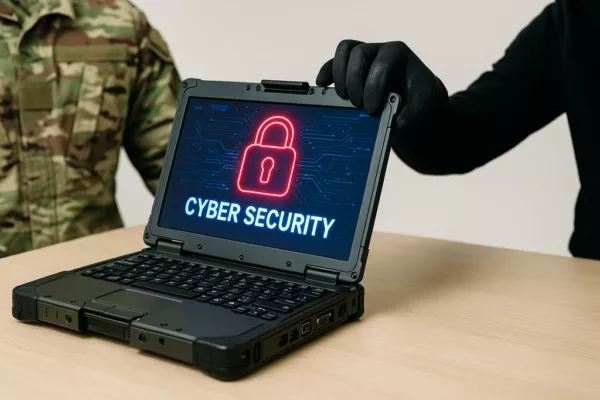 Unauthorized access to sensitive military equipment during a cyber theft operation – concept illustration of military device thefts.