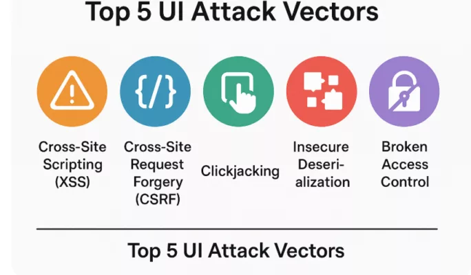 Infographic showing the five most common attack vectors targeting user interfaces: XSS, CSRF, Clickjacking, Insecure Deserialization, and Broken Access Control