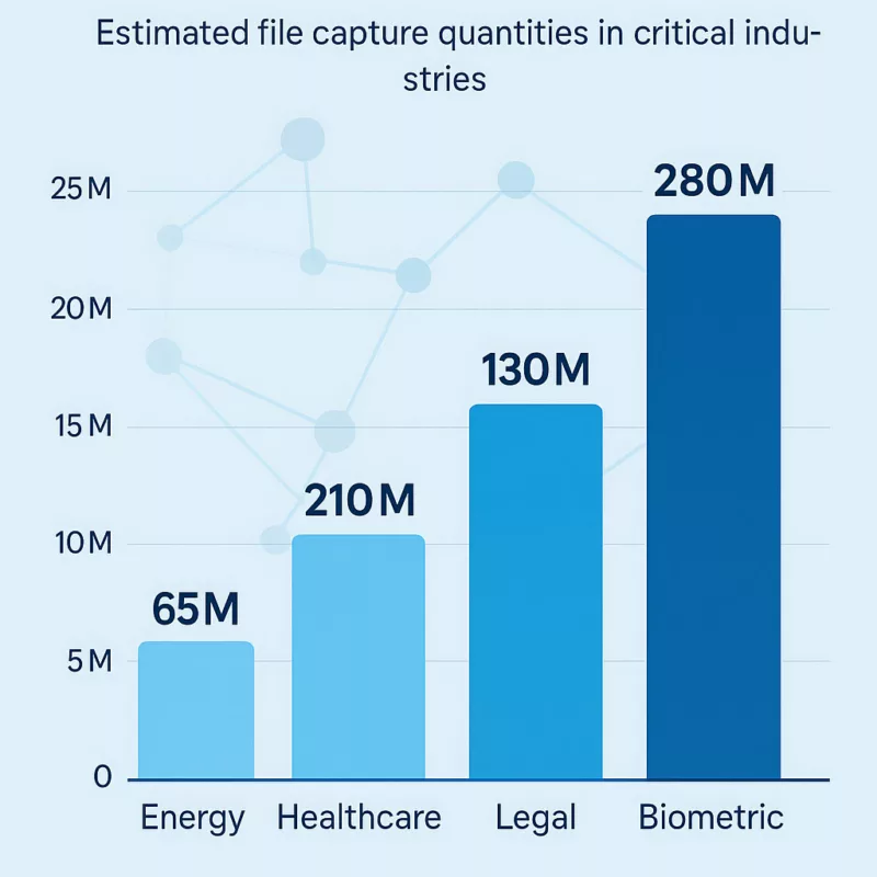 Bar chart showing 2025 AI file capture volumes by sector: energy, healthcare, legal, biometric