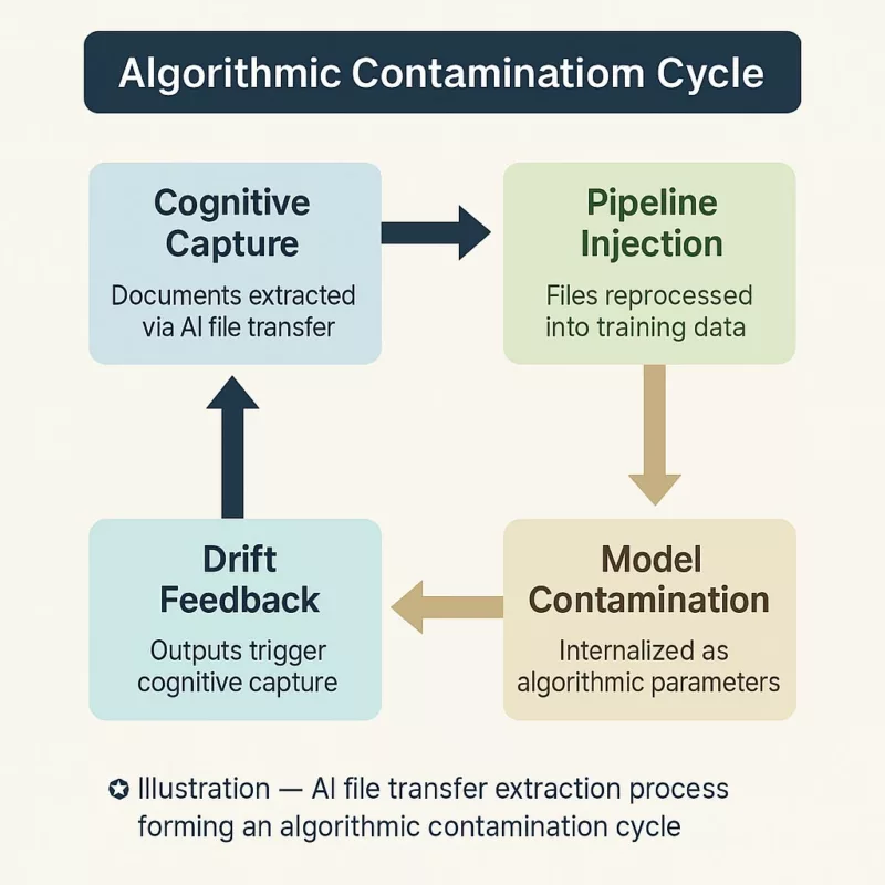 Flowchart of AI file transfer extraction forming an algorithmic contamination cycle
