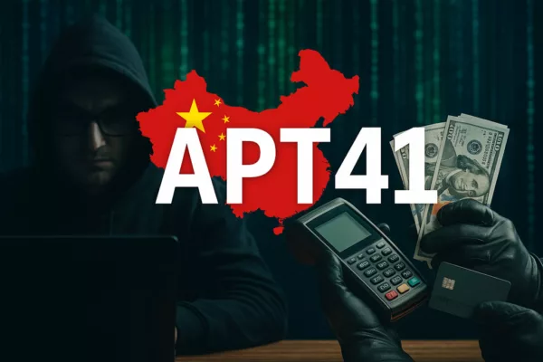 Realistic visual representation of APT41 Cyberespionage and Cybercrime operations involving Chinese state-backed hackers, cloud abuse, and memory-only malware.