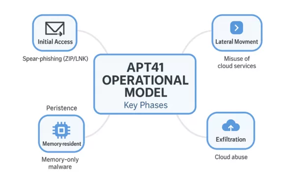 Mindmap showing APT41 Cyberespionage and Cybercrime operational model across initial access, lateral movement, and exfiltration.