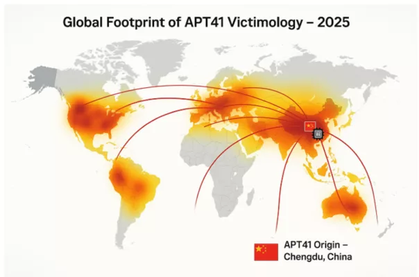 Heatmap showing global APT41 victimology in 2025, with cyberattack arcs from Chengdu, China to targeted regions worldwide.