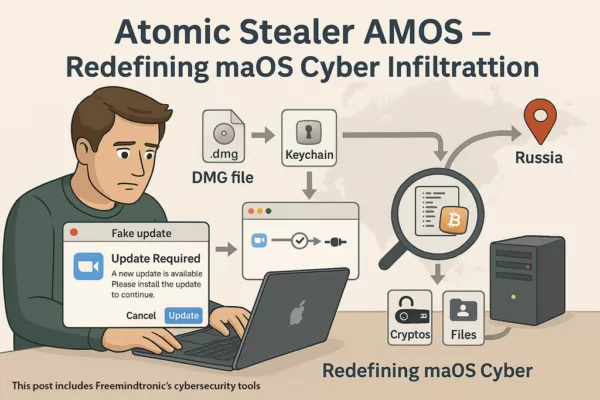 Illustration showing Atomic Stealer AMOS malware process on macOS with fake update, keychain access, and crypto exfiltration