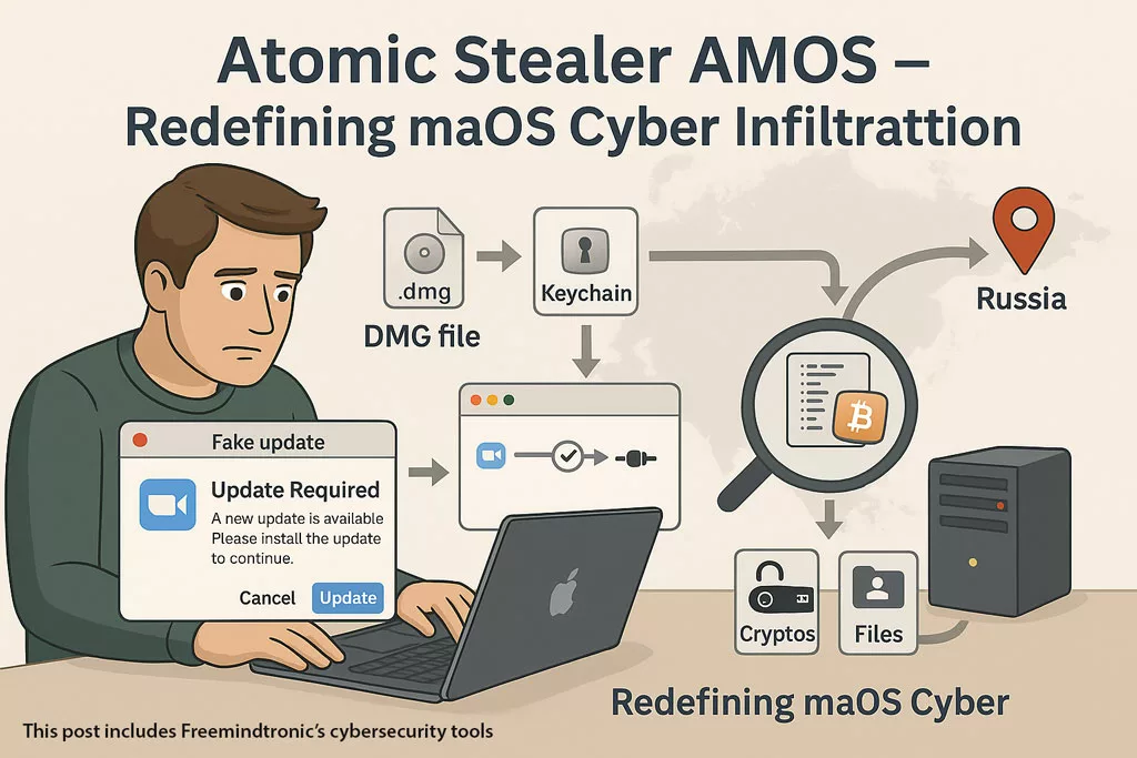 Illustration showing Atomic Stealer AMOS malware process on macOS with fake update, keychain access, and crypto exfiltration