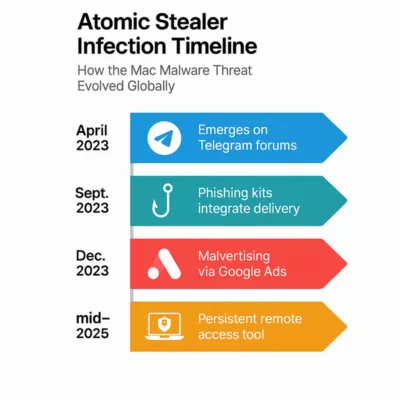Atomic Stealer infection timeline infographic on white background showing evolution from cracked apps to phishing and remote access