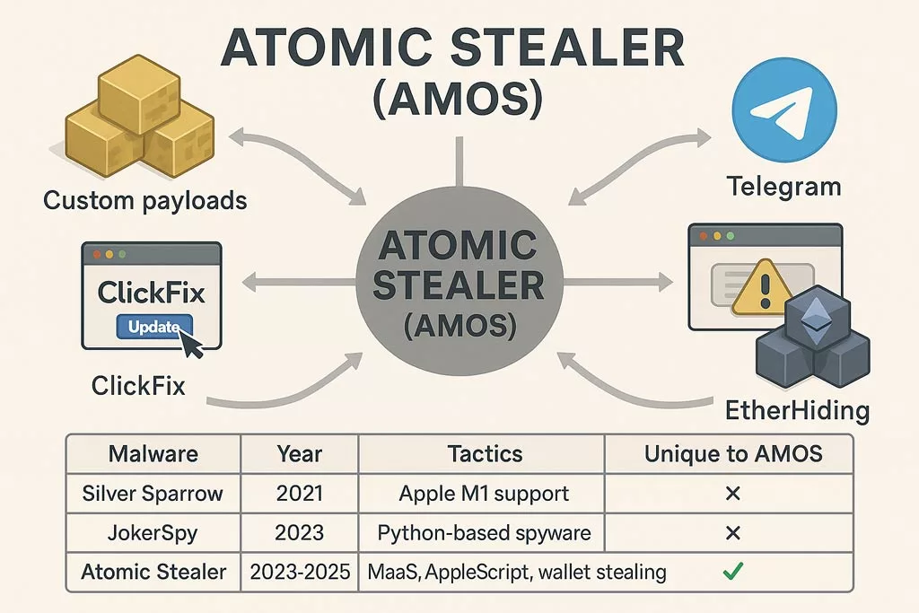 Atomic Stealer Malware-as-a-Service ecosystem with tactics comparison chart