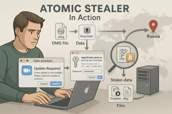 Realistic illustration showing Atomic Stealer infecting a macOS system through a fake update, stealing keychain credentials and sending data to a remote server.