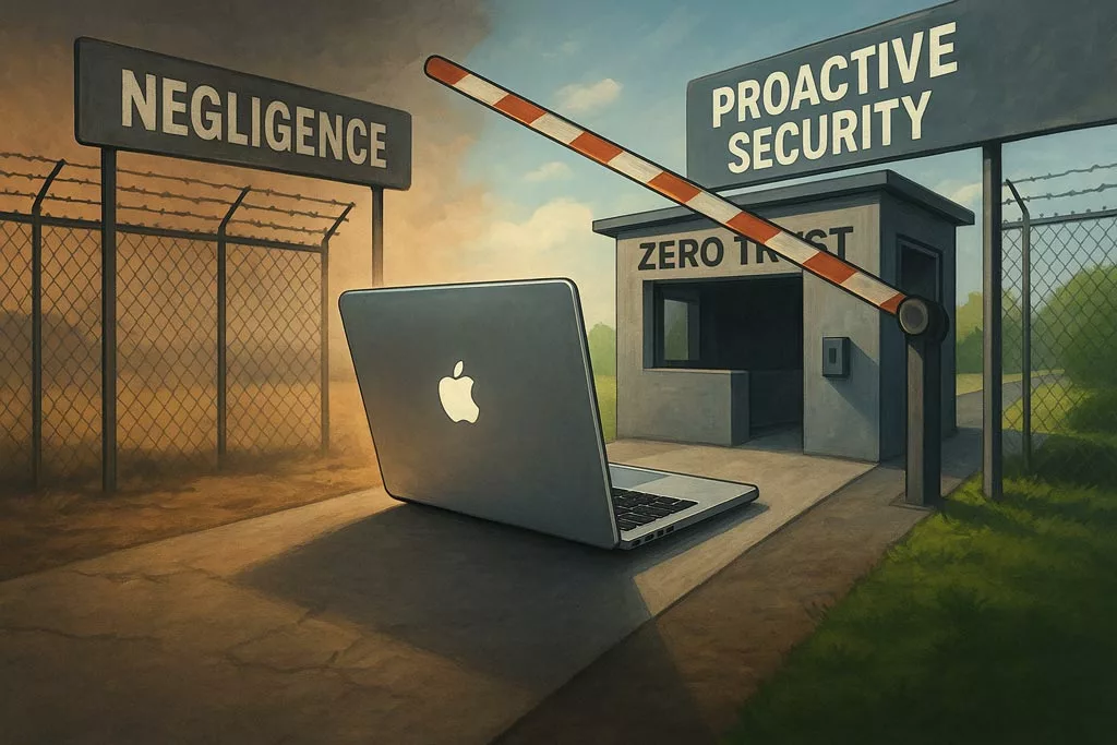 A Mac device crossing a Zero Trust checkpoint, symbolizing the shift from negligence to proactive cybersecurity