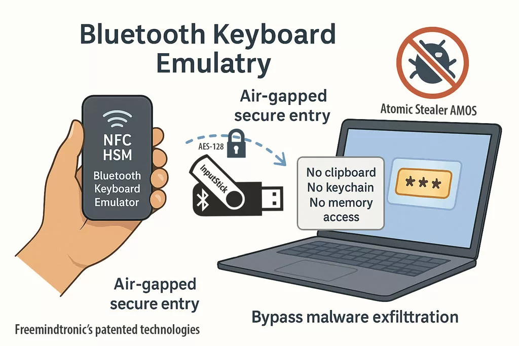Flat-style illustration of an NFC HSM device using Bluetooth keyboard emulation to securely enter credentials on a laptop, bypassing malware