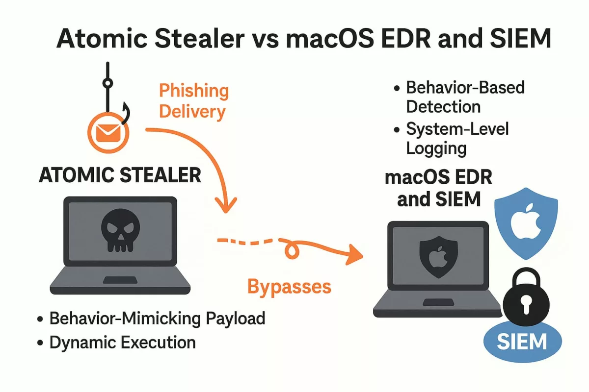 Comparative infographic illustration showing macOS native defenses versus Atomic Stealer attack vectors on a white background