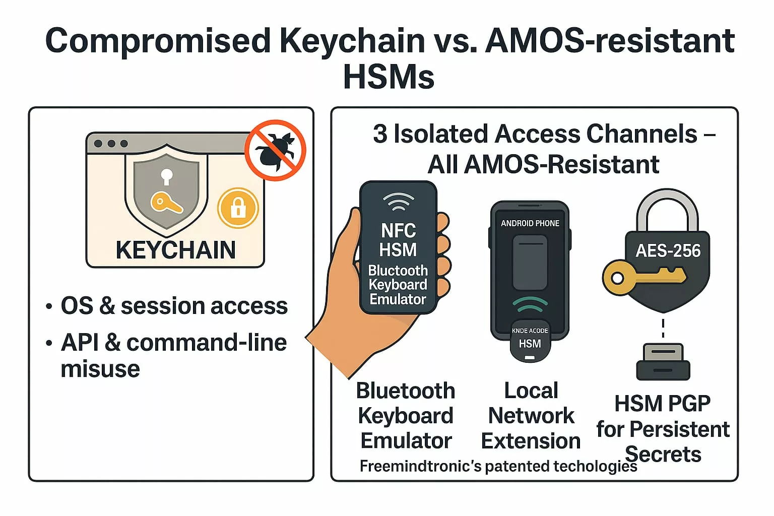 Visual comparison between compromised macOS Keychain and AMOS-resistant NFC HSMs with three isolated access channels