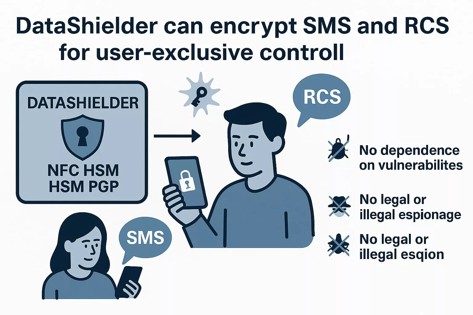 DataShielder encrypts SMS and RCS messages with user-generated keys before sending, ensuring exclusive control and avoiding legal or illegal interception risks.
