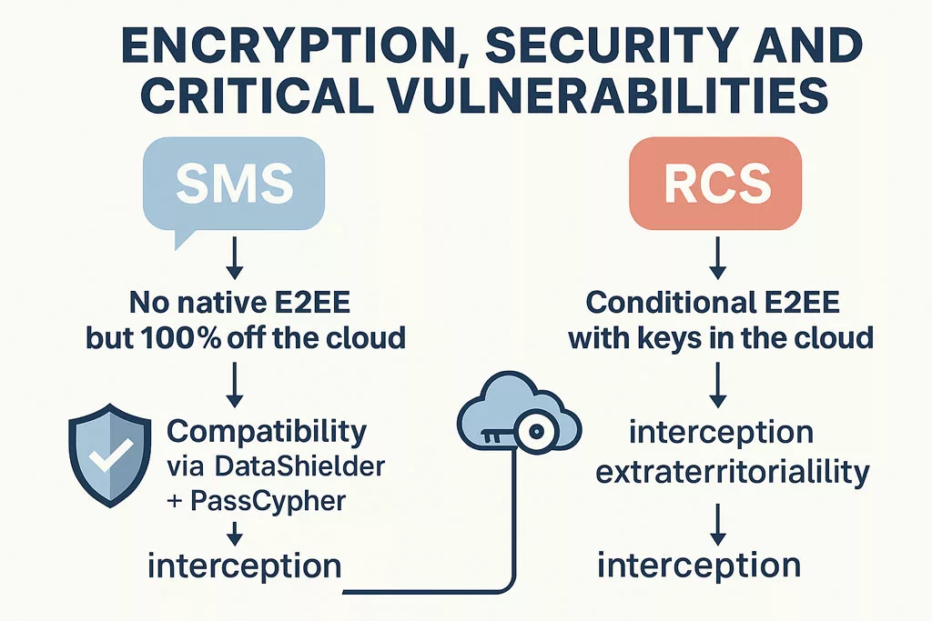 Infographic comparing SMS and RCS encryption vulnerabilities and digital sovereignty impacts