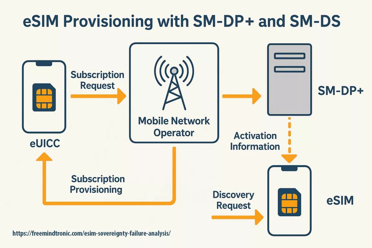 Flowchart of eSIM provisioning using SM-DP+ and SM-DS with mobile network operator and eUICC