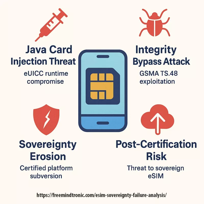 Infographic of eSIM threats showing Java Card injection, TS.48 bypass, post-certification risk, and sovereignty erosion