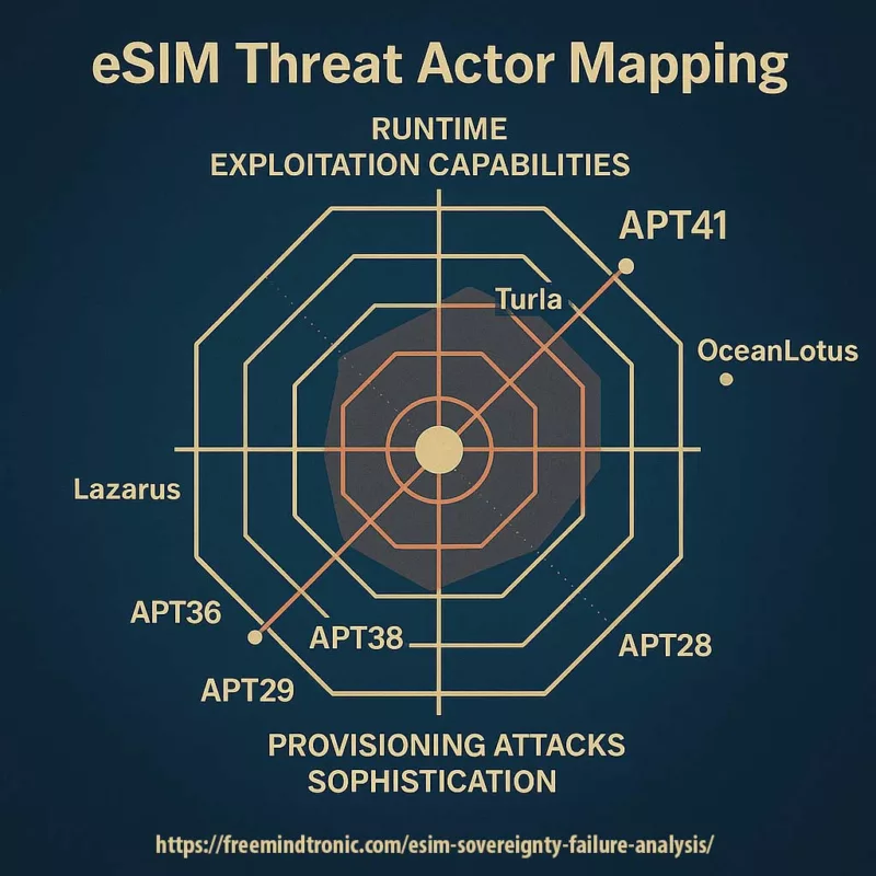 Radar diagram mapping strategic threat actor capabilities targeting eSIM runtime and provisioning layers.