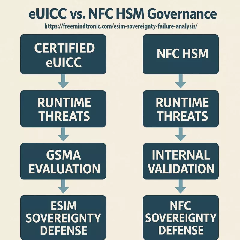 Governance flowchart comparing GSMA-certified eUICC vs Freemindtronic NFC HSM, from runtime compromise to sovereignty enforcement