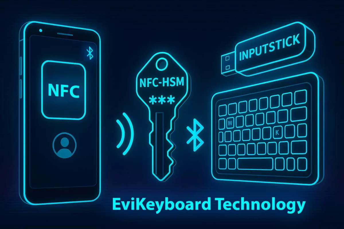 Visual diagram of EviKeyboard BLE showing NFC HSM activation, BLE transmission, and InputStick keyboard injection