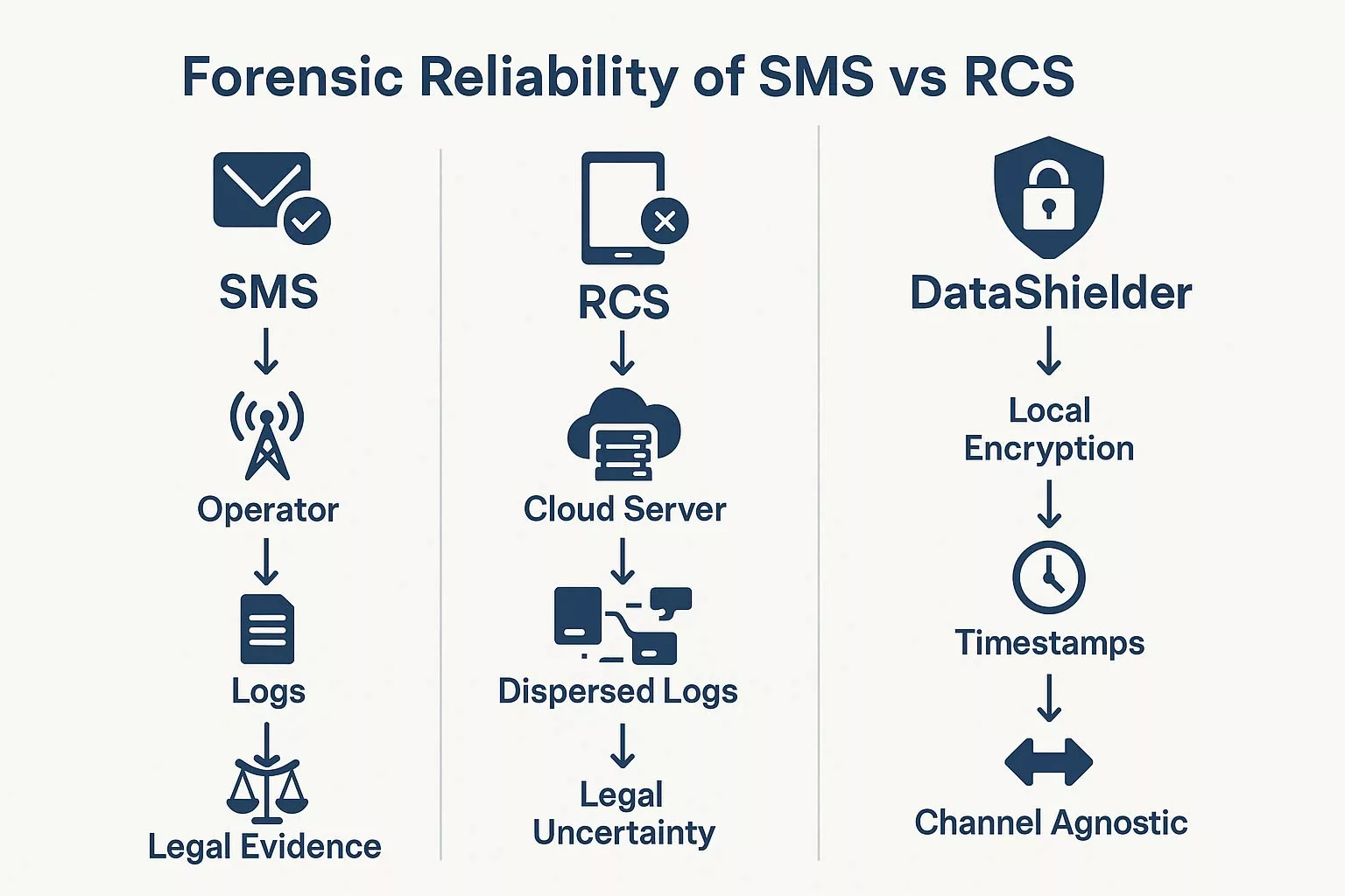 Infographic comparing SMS and RCS forensic traceability, metadata control, and legal admissibility for court evidence