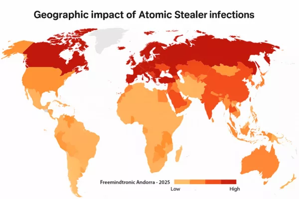 Geographic impact of Atomic Stealer infections illustrated on a world heatmap with a legend