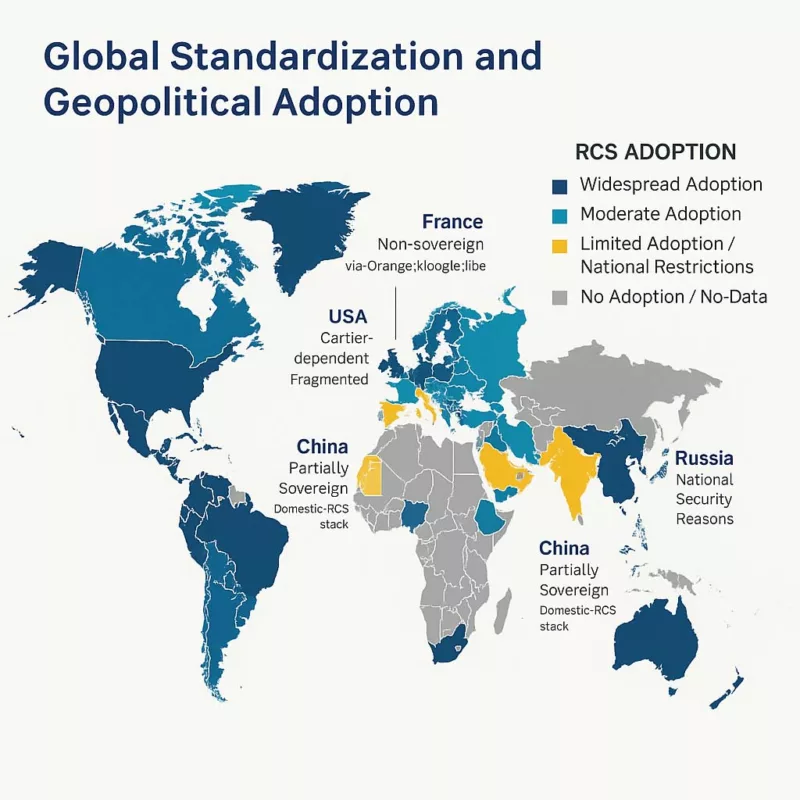 World map showing RCS adoption levels and sovereignty status across France, USA, China, Russia, and other key regions