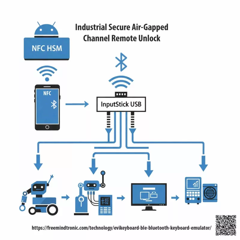 Monochrome blue flat-design infographic showing the control of robotics, embedded systems, and industrial equipment via EviKeyboard BLE's secure Air-Gap channel, triggered by NFC.