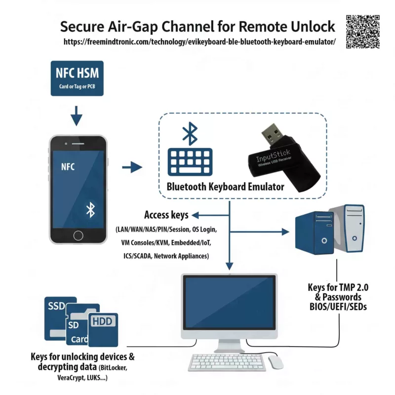 Flat-design monochrome blue infographic illustrating the functioning of EviKeyboard BLE's secure Air-Gap channel. Shows an NFC HSM and an Android smartphone communicating via Bluetooth Low Energy (BLE) to an InputStick dongle, enabling secure key injection to unlock SSDs, HDDs, BIOS/UEFI, TPM 2.0, and access various environments (OS Login, VMs, ICS/SCADA, networks) remotely.