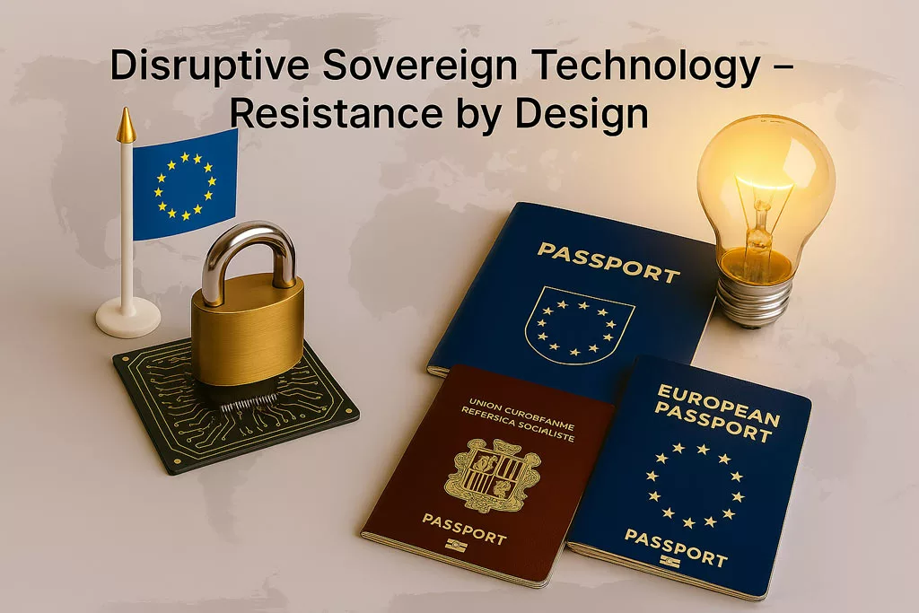 European passport and glowing idea bulb against a world map — symbol of strategic innovation of rupture and technological sovereignty