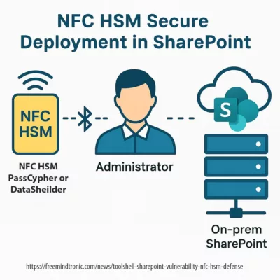 Infographic showing air-gapped token injection with NFC HSM to mitigate SharePoint ToolShell vulnerability