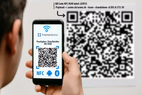 Android device importing NFC HSM SSL Cert IP QR code label into Freemindtronic’s PassCypher or DataShielder