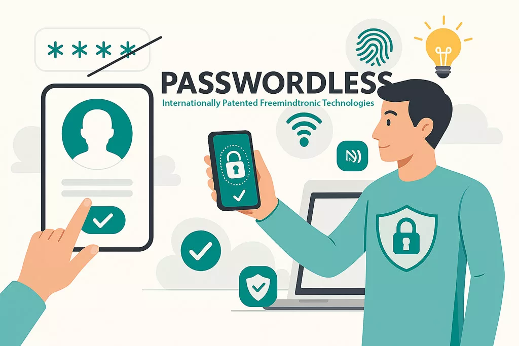 Digital security illustration for 2025 highlighting passwordless access through biometrics, NFC HSM, and PassCypher innovation.