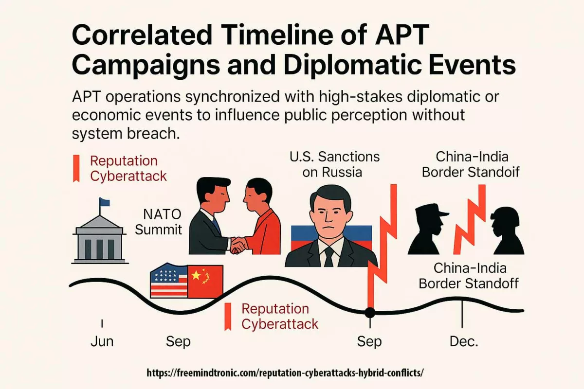 Visual timeline showing synchronized reputation cyberattacks during major geopolitical events